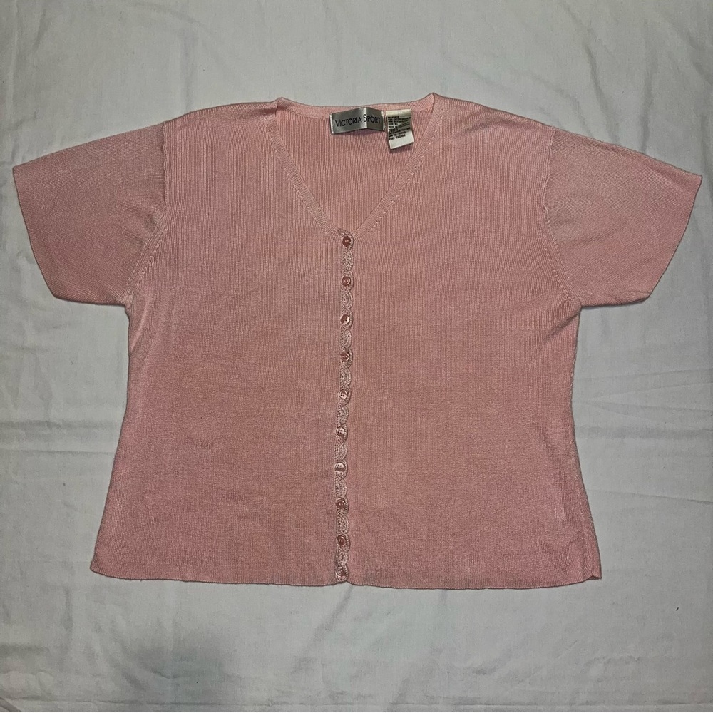 Vintage Victoria Sport Pink Knit Cardigan Short Sleeve Sweater Tshirt - XL